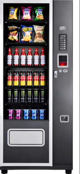 Vending machine EPEX G636 abastecida com snacks e bebidas