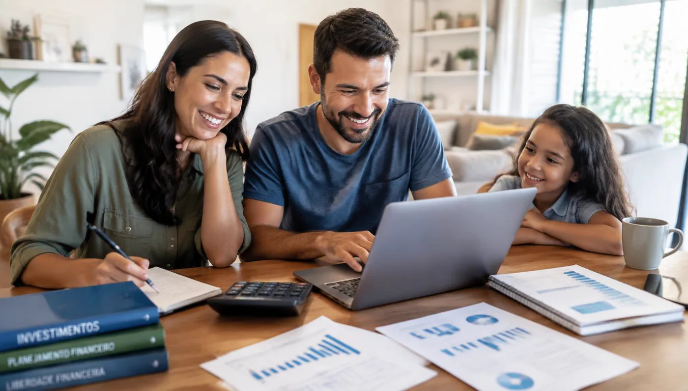 Família sorrindo enquanto planeja investimentos em casa, com laptop, calculadora e planilhas na mesa