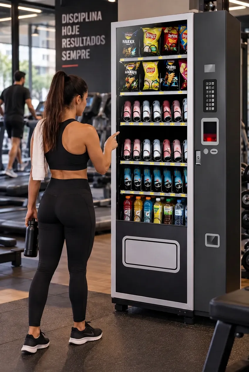 Aluna utilizando uma vending machine Total Vending em uma academia