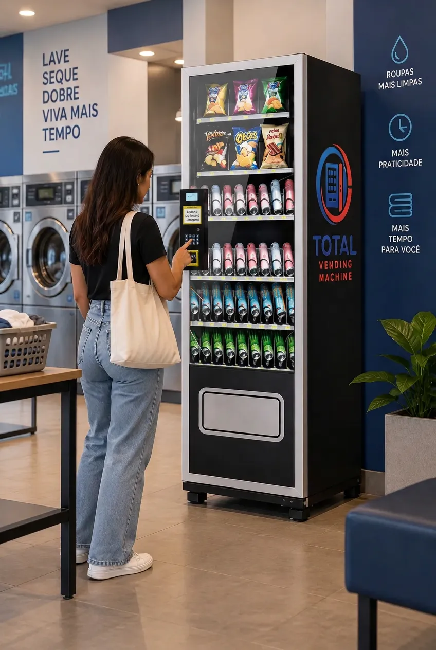Cliente utilizando uma vending machine Total Vending em uma lavanderia